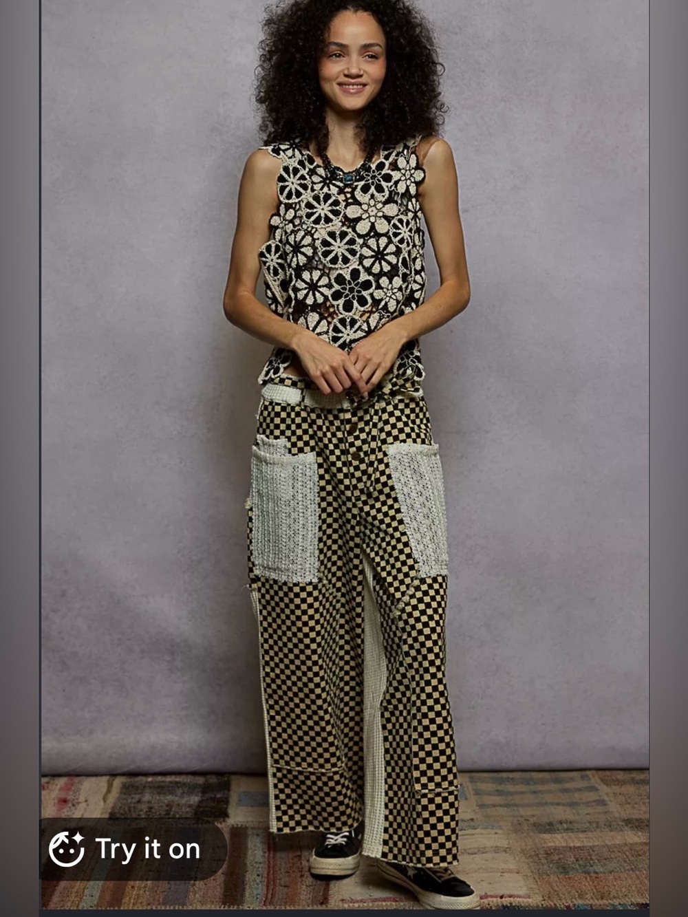 NWOT POL Checkerboard Knit Wide-Leg Pants in Cream & Black